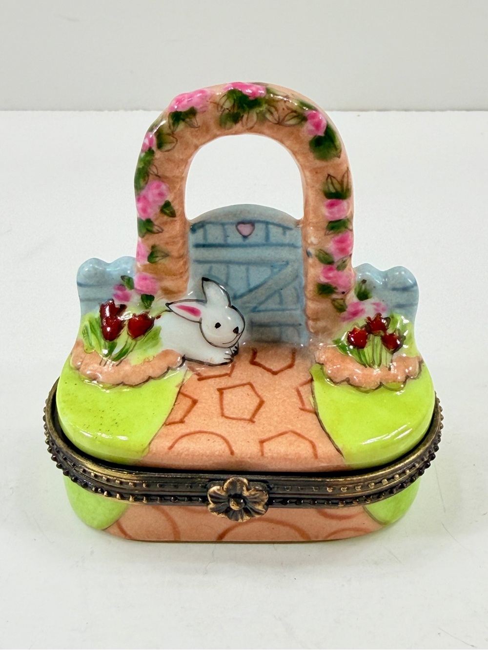 Limoges Style Porcelain Trinket Box Hand Painted Garden Trellis Bunny Rabbit